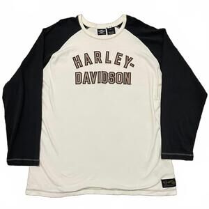 Harley Davidson Shirt Mens 2XL Black White Long Sleeve Applique Logo Patch Biker